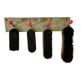 Vintage Hand Crafted Wooden Horse Brush Wall Rack With 4 Brushes From England - Circa 1940 For Sale