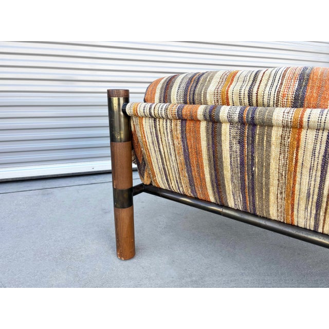 Brown 1970s Vintage Brutalist Wood, Brass, and Striped Upholstered Sofa For Sale - Image 8 of 12