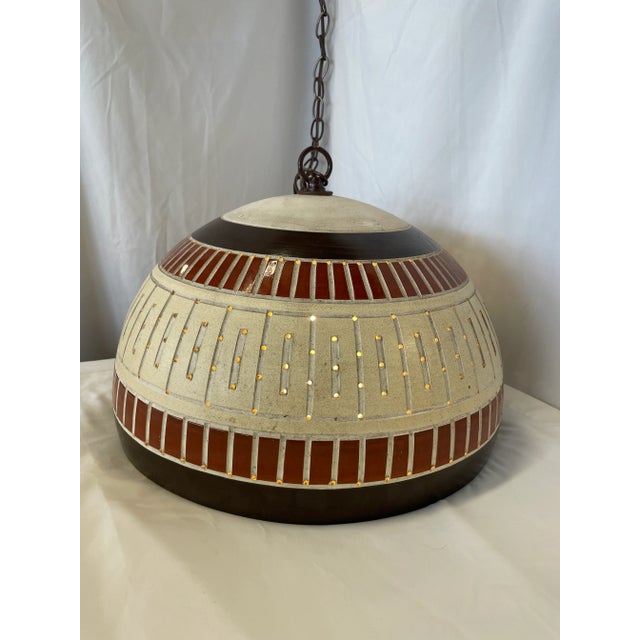 Cream white, rust and dark brown Beaumont Mood half dome shape ceramic light fixture. This dome light has been rewired and...