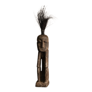 Late 20th Century Primitive Modern Sculptural Figure With Fiber Hair, African Inspired Carved Form, Brutalist Organic Decor