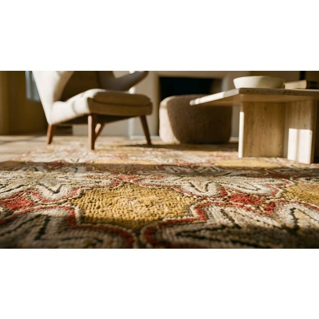 1890s Tan Champagne Geometric Folk Art Antique American Hooked Rug 4' 6" X 4' 8" Woven Cotton Carpet For Sale - Image 10 of 12