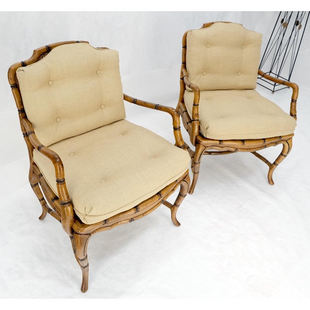 Faux Bamboo Horn Shape Legs New Linen Upholstery Lounge Chairs For Sale - Image 6 of 8