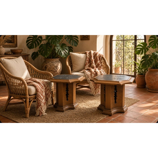 Wood Pair of Mid-Century Octagonal Side Tables Attributed to Drexel Esperanto | Etched Slate Tops | 1960s For Sale - Image 7 of 7