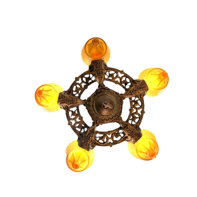 Spanish Revival 1930s 5 Light Spanish Revival With Amber Orange Glass Shades With Original Finish For Sale - Image 3 of 11
