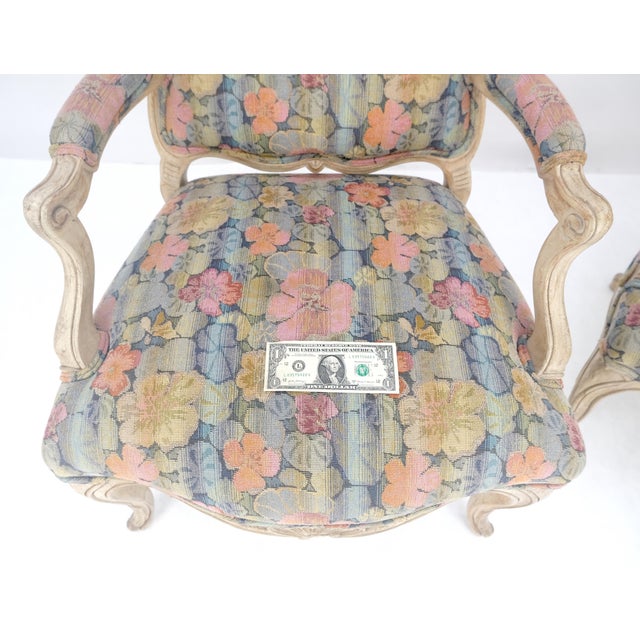 Interior Crafts Pair of French Provincial Decorative Floral Pattern Carved Arm Chairs MINT For Sale - Image 4 of 15