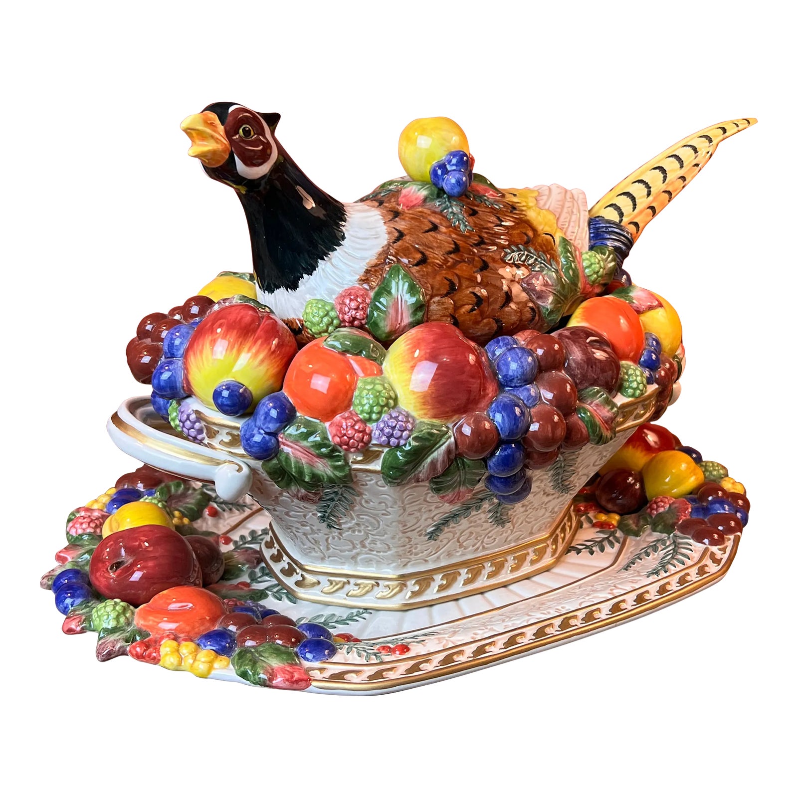 Vintage Fitz & Floyd Venezia Pheasant Autumn Fruit Soup Tureen W/ Ladle ...