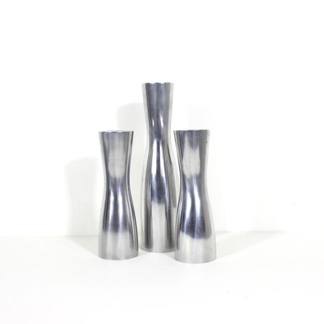 Vintage Mid-Century Modern Erika Pekkari Aluminum Scandinavian Candlesticks- Set of 3 For Sale - Image 6 of 6