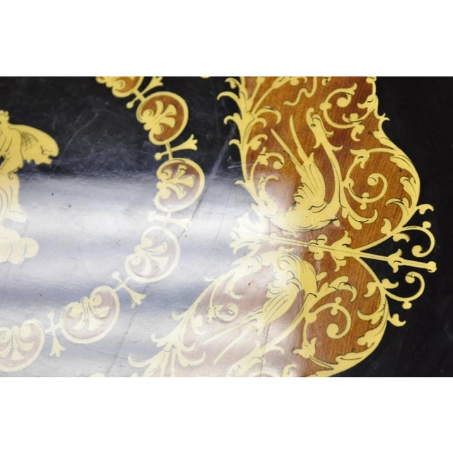 Wood Vintage Italian Lacquered Wood & Brass Chariot Marquetry Inlay Bar Serving Tray For Sale - Image 7 of 12