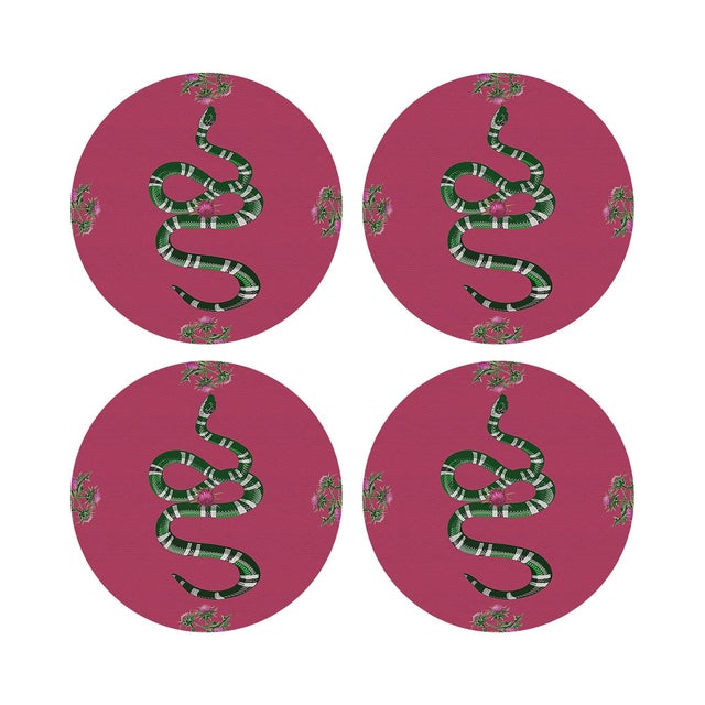 Thistle And Snake Pink Vegan Leather Round Pebble Placemat, Set of 4 For Sale - Image 4 of 5