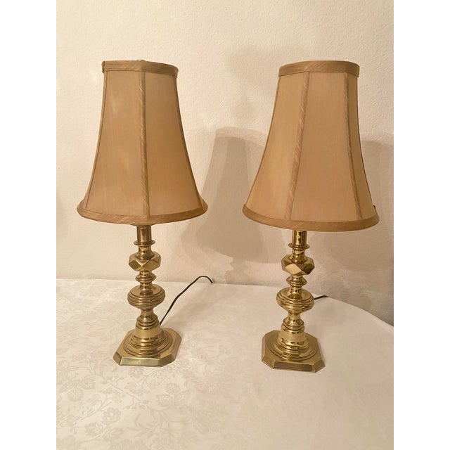 Solid Brass Uniquely Intricate Candlestick Style Pair of Lamps Excellent Condition Mid 20th Century For Sale - Image 12 of 12
