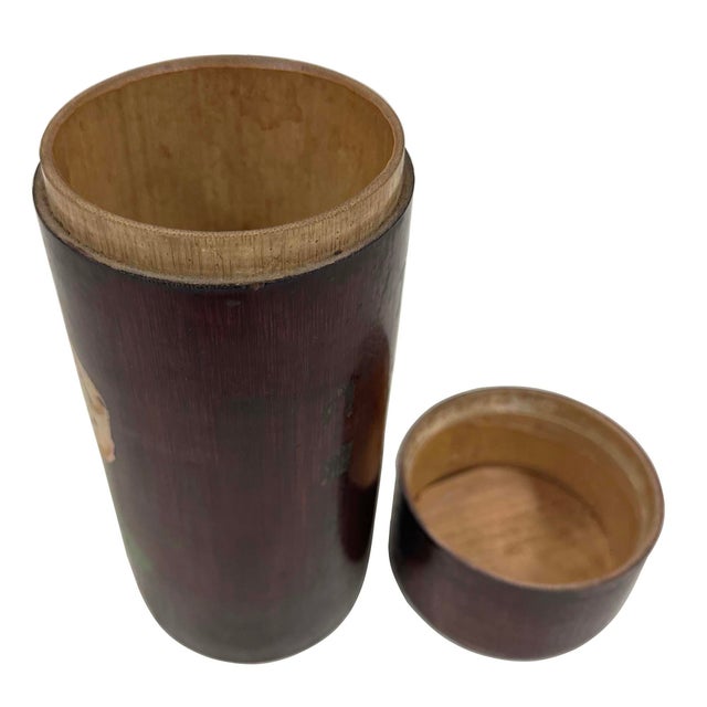 Brown Mid-20th Century Antique Chinese Hand-Painted Cylindrical Bamboo Tea Caddy For Sale - Image 8 of 9