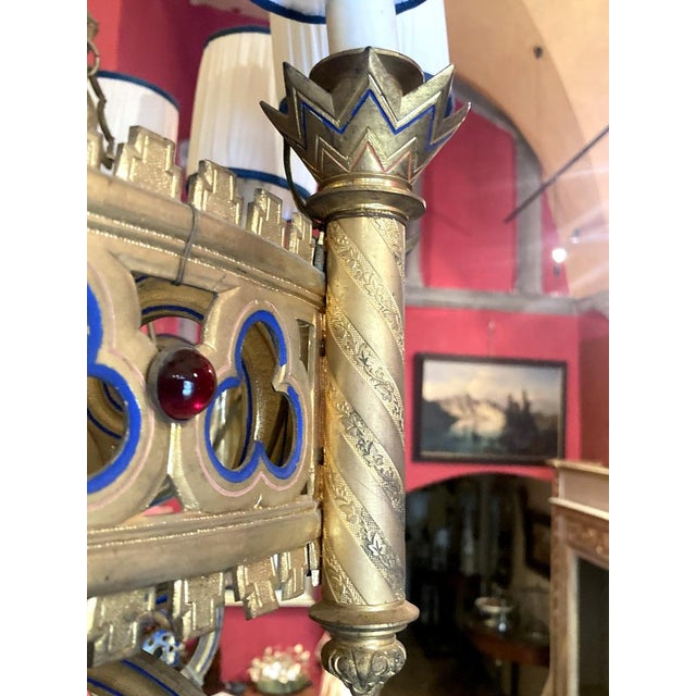 Large 19th Century Italian Gothic Revival Gilt Bronze and Enameld 12 Candle Lights Chandelier For Sale - Image 6 of 18