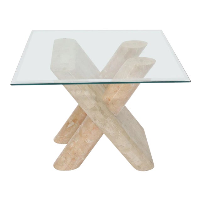 Tessellated Stone Rounded X-Shape Base Side Occasional Square Glass Top Table For Sale