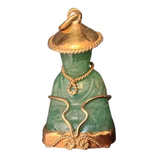 14k Yellow Gold Pendant With Hand Carved Jade Sitting Buddha With Chinese Hat. For Sale