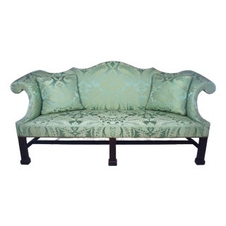 Custom George III Mahogany Camel Back Sofa With Damask Silk Upholstery For Sale