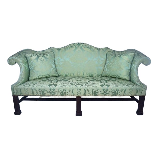 Custom George III Mahogany Camel Back Sofa With Damask Silk Upholstery For Sale