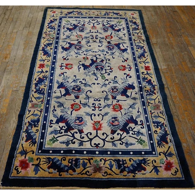 1930s Luxurious Silk Pile Antique Ivory Artistic Chinese Foo Dog Design Rug For Sale - Image 14 of 18