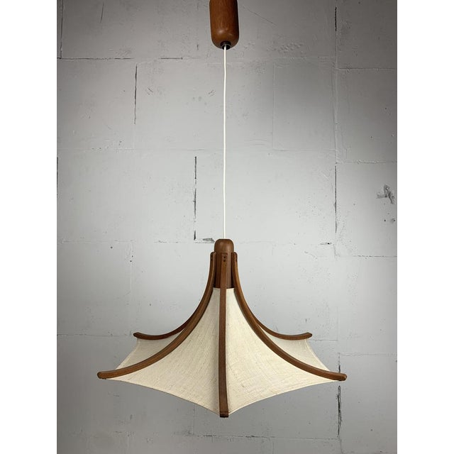 Teak and Linen Umbrella Pendant Hanging Lamp attributed to Domus, 1970s For Sale - Image 11 of 14