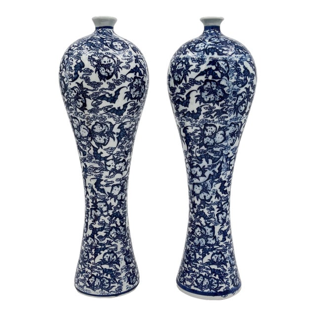 Vintage Chinoiserie Blue and White Tall Slender Dragon Vases - A Pair For Sale