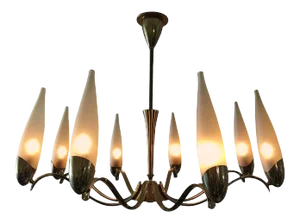Stilnovo Eight-Arm Brass and Glass Chandelier