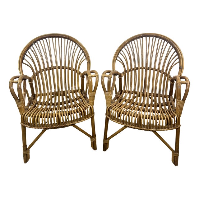 Vintage Rattan and Bamboo Armchairs, 1960s, Set of 2 For Sale