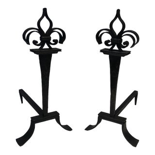 Important Wrought Iron Andirons With a Fleur-de-lys - a Pair For Sale