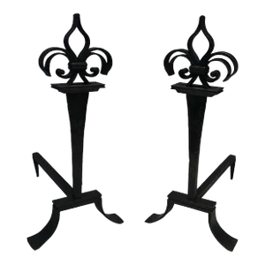Important Wrought Iron Andirons With a Fleur-de-lys - a Pair