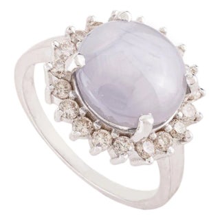 French Vintage-Inspired Star Sapphire Diamond Sunburst Cocktail Ring in 14k Gold Size 5 For Sale