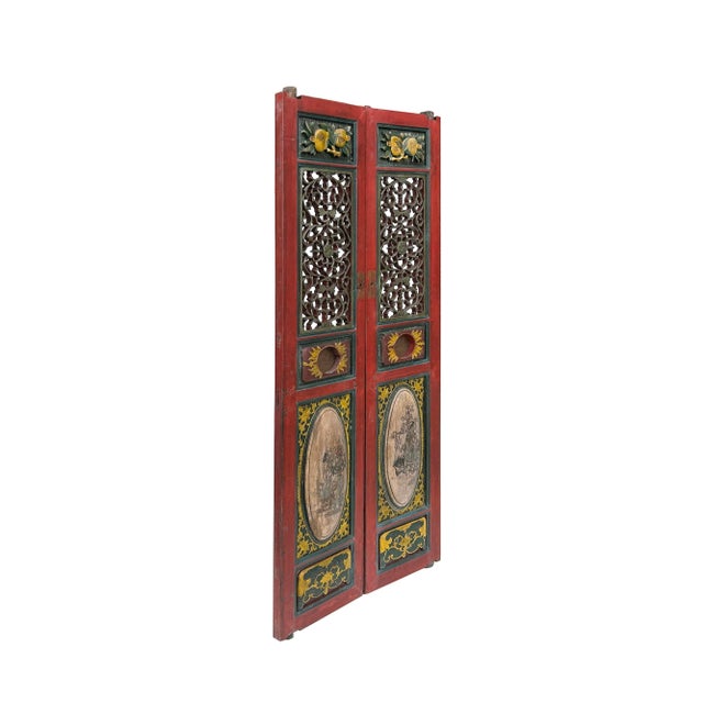 Asian Antique Pair Vintage Red Green Yellow Fujian Relief Carving Door Panels For Sale - Image 3 of 10