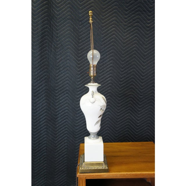 White Vintage Hollywood Regency Porcelain Hand Painted Figural Swan Trophy Lamp For Sale - Image 8 of 13