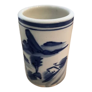 1930s Hand Painted Chinese Brush Pot Cylinder Vase Blue and White