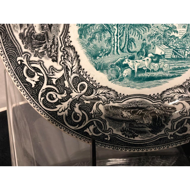 French Antique French Faience Black & White Transfereware Plate With Green Pastoral Landscape For Sale - Image 3 of 7