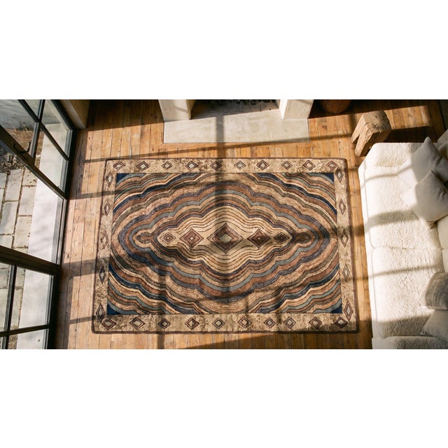 Textile 1930s Multicolor Earth Tones Abstract Medallion Antique American Hooked Rug 2'10" X 5'5" Knotted Wool Carpet For Sale - Image 7 of 9