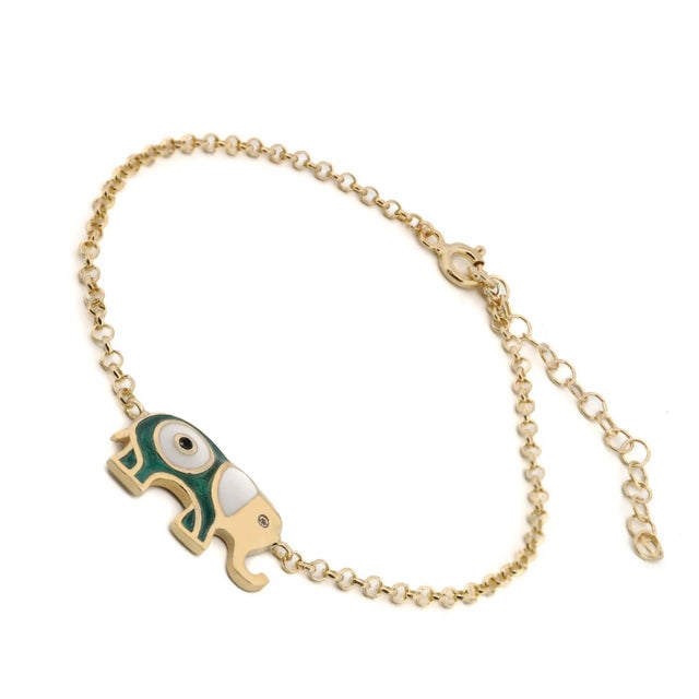 Early 21st Century Wishful Elephant & Evil Eye Green Enamel Gold Chain Bracelet For Sale - Image 5 of 7