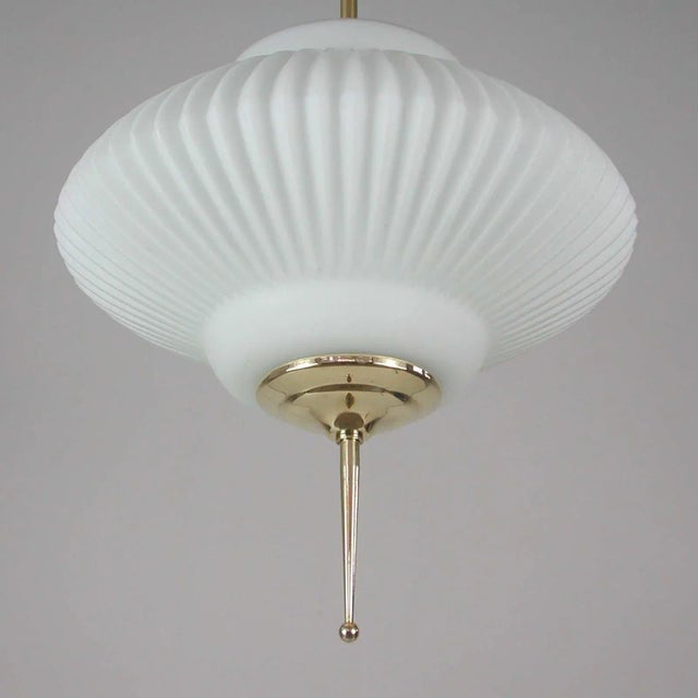 Mid-Century Ribbed Milk Glass & Brass Globe Pendant Attributed to Stilnovo For Sale - Image 13 of 18