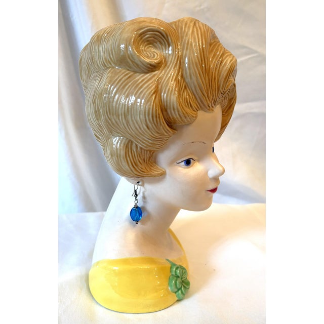 1970's Vintage Mid Century Ceramic Lady Head Vase With Dangle Earrings For Sale - Image 9 of 14