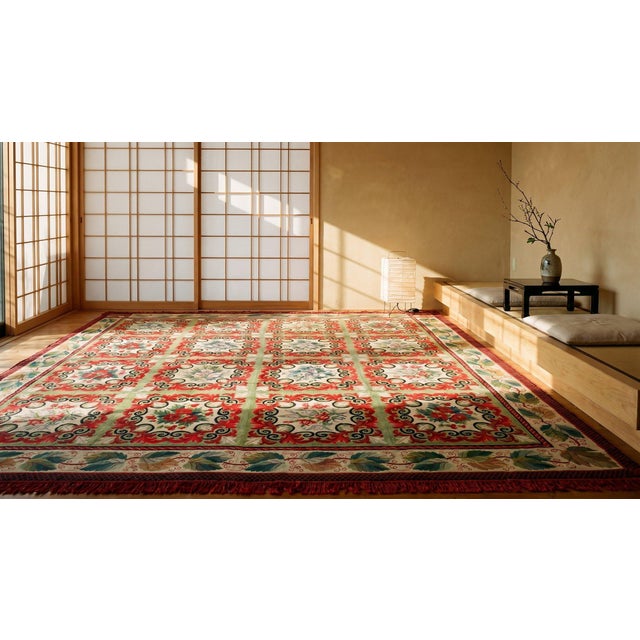 1880s Multicolor Floral Antique French Needlepoint Rug 11'10" X 14' Flatweave Wool Carpet For Sale - Image 9 of 9