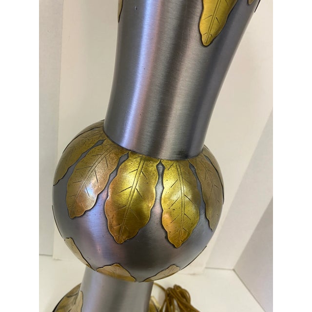 1970s 1970s Marbro Brushed Chrome and Brass Leaf Motif Table Lamp For Sale - Image 5 of 12