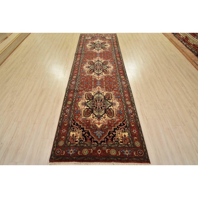 Tribal Heriz Runner 4′ X 12’1” Red Wool Tribal Hand-Knotted Oriental Rug For Sale - Image 3 of 13