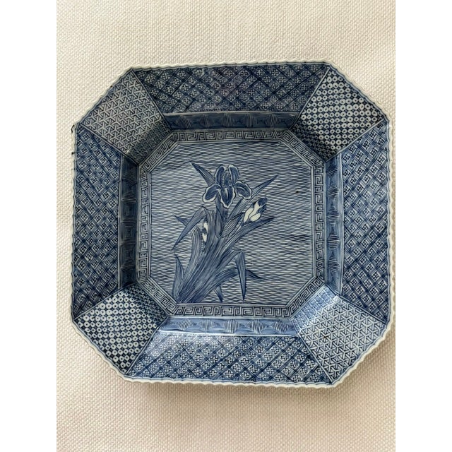 Asian Antique Antique Japanese Blue and White Octagonal Plate With Iris Motif For Sale - Image 3 of 14