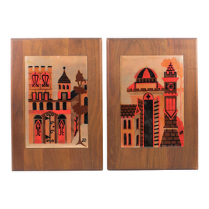 Judith Daner Enamel Artwork Wall Panel Cityscape, a pair