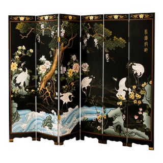 Vintage Wood Carved Black Lacquer 6 Panel Room Divider Screen For Sale