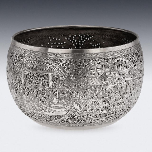 Antique Burmese Pierced Silver Pyusawhti Folk Tale Bowl, 1918 For Sale - Image 12 of 17