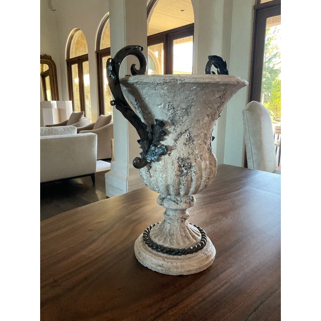 Vintage 20th Century Distressed Stone and Decorative Iron Urn For Sale In Oklahoma City - Image 6 of 11