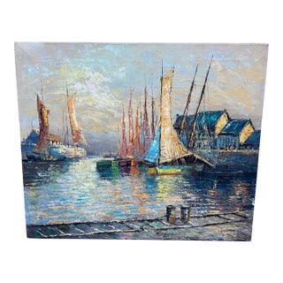 Mid Century Impressionist Painting of Boat Harbor Signed For Sale