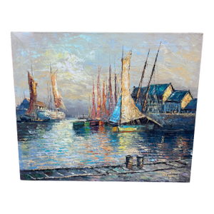 Mid Century Impressionist Painting of Boat Harbor Signed