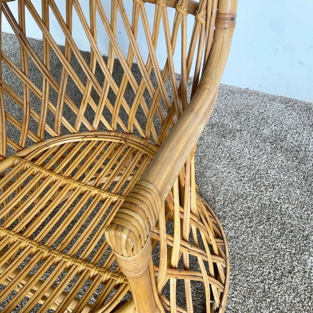 Boho Chic Bamboo Rattan Side Chair With Circular Brown Seat Cushion For Sale - Image 9 of 10
