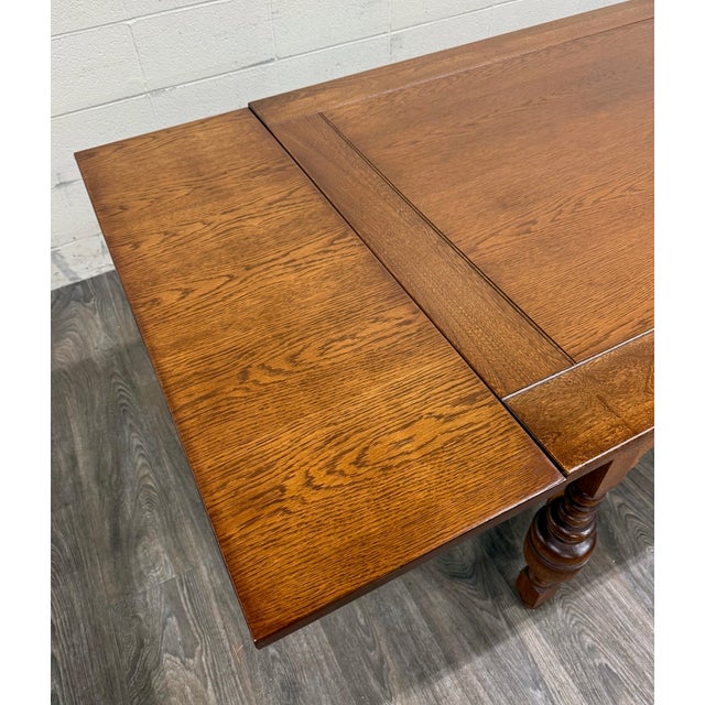 Vintage Old English Tudor Jacobean Revival Style Oak Draw Leaf Dining Table For Sale - Image 14 of 18
