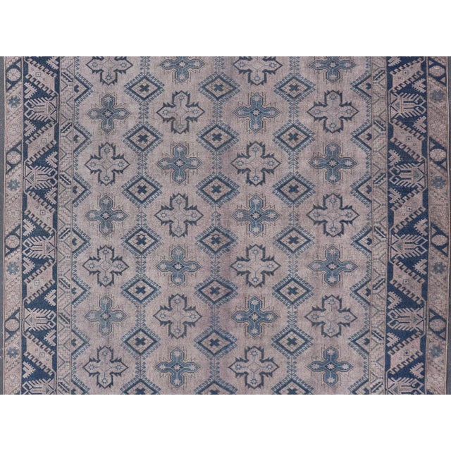 Mid 20th Century Vintage Turkish Oushak Rug in Blue With All-Over Geometric Design in Gray & Blue For Sale - Image 4 of 11