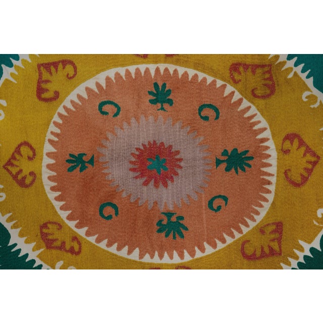 Artisan Suzani Table Cover, Vintage Uzbek Textile in Warm Tones 4'1'' X 4'5'' For Sale In New York - Image 6 of 10